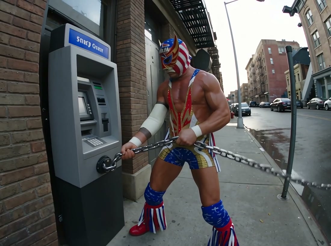 ATM Heist AI reference showing a fictional airborne action scene around a dragged ATM