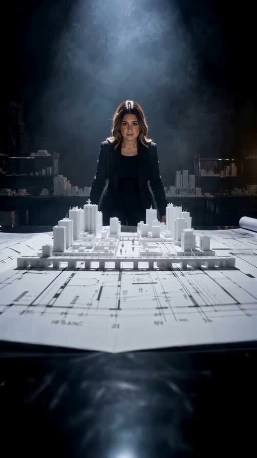 Blueprint Reveal AI reference showing an architectural character montage around plans and miniature buildings