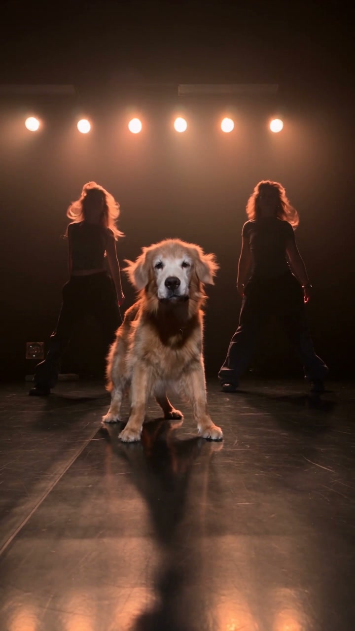 Community example of a golden retriever at center stage with two female backup dancers behind it