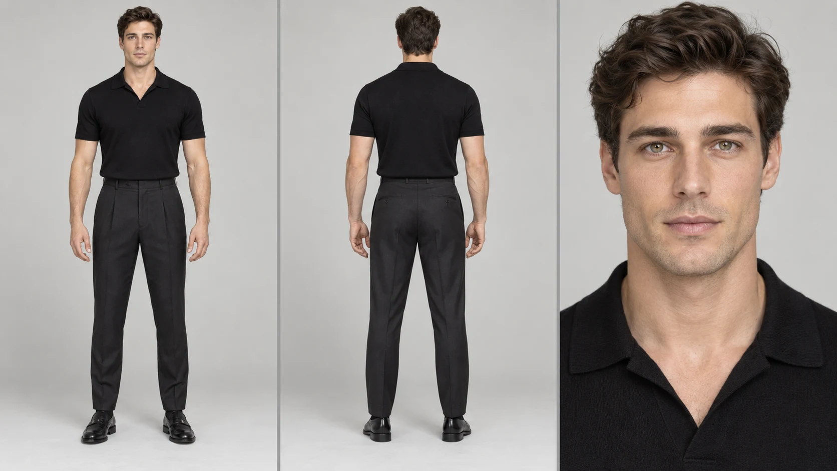 Three-panel male character sheet with full-body front, full-body back, and face close-up for Raindance AI Photo 1