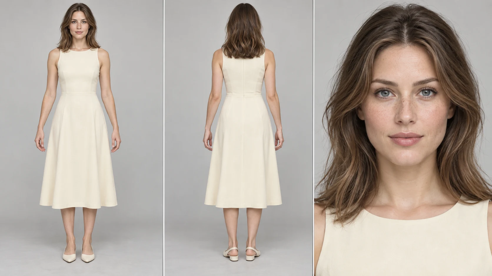 Three-panel female character sheet with full-body front, full-body back, and face close-up for Raindance AI Photo 2